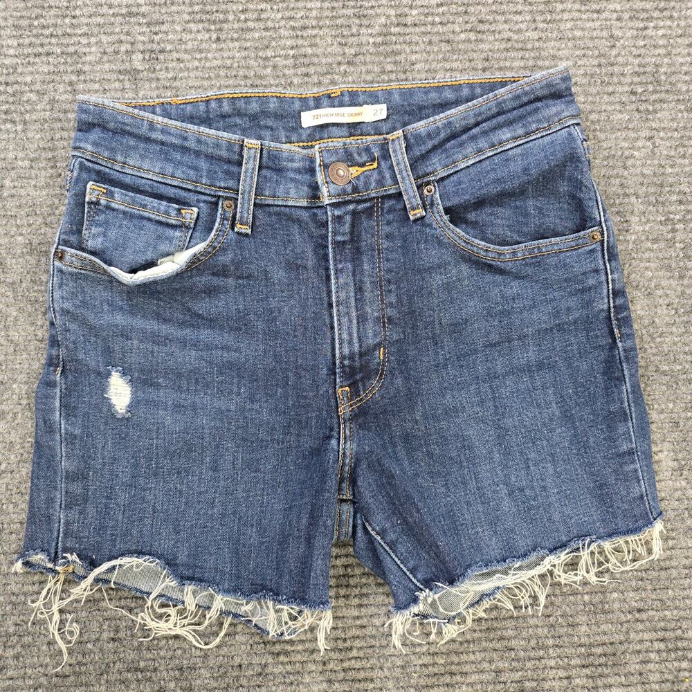 Levi's 721 Shorts Womens 27 Blue High Rise Cutoff Stretch Raw Hem Distressed